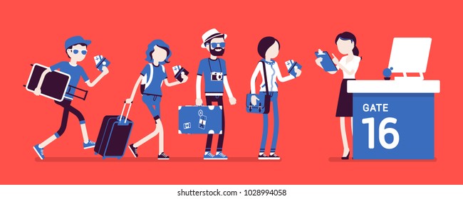 Air flight check queue. Airport check-in passengers standing in line before travel, airline agent checking ticket documents at gate. Vector illustration with faceless characters