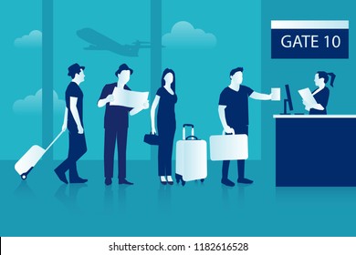 Air flight check queue. Airport check-in passengers standing in line before travel, airline agent checking ticket documents at gate isolated on blue background. Eps Vector illustration flat style.