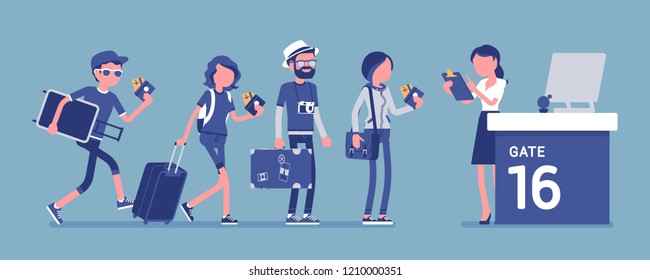 Air flight check queue. Airport check-in passengers standing in a long line before travel, female airline agent checking ticket documents at gate, registering. Vector illustration, faceless characters