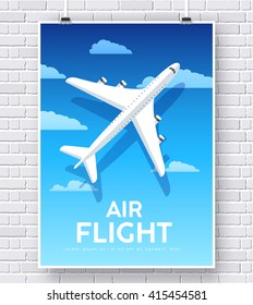 Air flight plane icon in the sky on poster