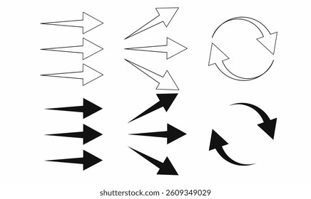 Air flow arrow icons in flat and outline styles. Multiple direction and circulation variants. Ideal for ventilation, HVAC, wind, and technical vector illustrations