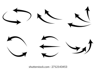 Seta de fluxo de ar. Conjunto de seta preta mostrando o fluxo de ar do vento. Conjunto vetorial de setas de fluxo de ar. Setas de fluxo de ar preto mostrando a circulação do vento. Setas de direção do vento. 