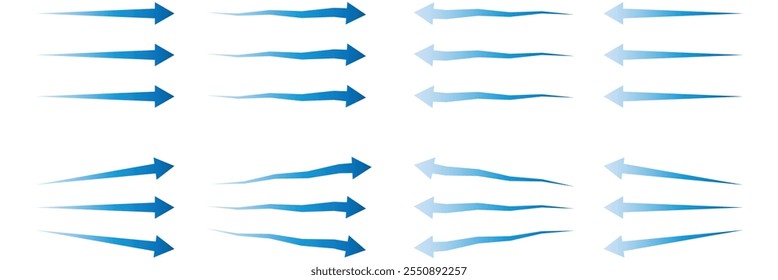  Conjunto de flecha de flujo de aire. Conjunto de flecha azul que muestra el flujo de aire o viento. Dirección del aire acondicionado. Flechas que indican la dirección del aire fresco. Ilustración vectorial sobre fondo blanco eps 10.