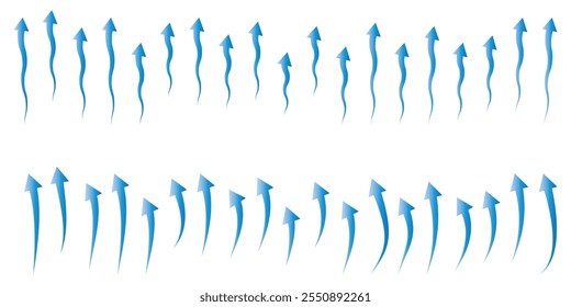  Conjunto de flecha de flujo de aire. Conjunto de flecha azul que muestra el flujo de aire o viento. Dirección del aire acondicionado. Flechas que indican la dirección del aire fresco. Ilustración vectorial sobre fondo blanco eps 10.