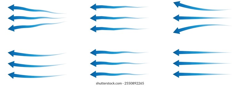  Conjunto de flecha de flujo de aire. Conjunto de flecha azul que muestra el flujo de aire o viento. Dirección del aire acondicionado. Flechas que indican la dirección del aire fresco. Ilustración vectorial sobre fondo blanco eps 10.