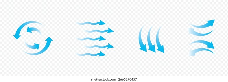 Flecha de flujo de aire. Conjunto de flecha azul que muestra el flujo de aire del viento. Vector conjunto de flechas de flujo de aire. Flechas azules de flujo de aire que muestran la circulación del viento y la ventilación. eps 10