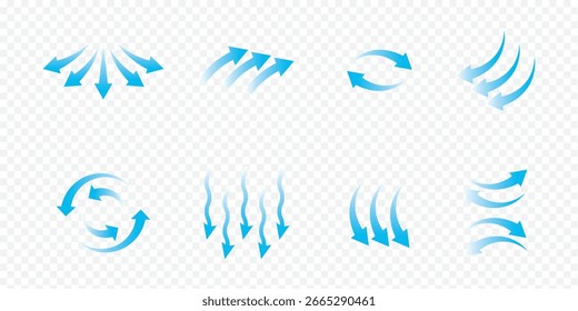 Seta de fluxo de ar. Conjunto de seta azul mostrando o fluxo de ar do vento. Conjunto vetorial de setas de fluxo de ar. Setas azuis de fluxo de ar mostrando a circulação do vento e a ventilação. eps 10