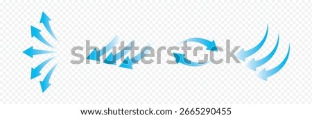 Air flow arrow. Set of blue arrow showing wind air flow. Vector set of air flow arrows. Blue air flow arrows showing wind circulation and ventilation. eps 10