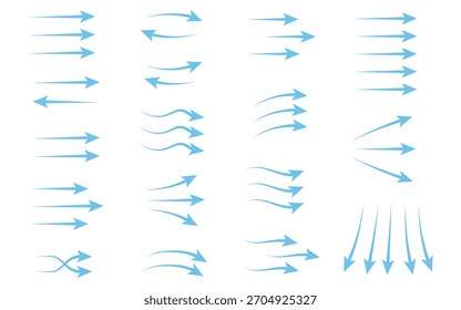 Conjunto de iconos de flechas de flujo de aire Vector. Corriente de viento frío azul, dirección del agua dulce, Filtrar y símbolo del sistema de acondicionador. Ilustración vectorial.