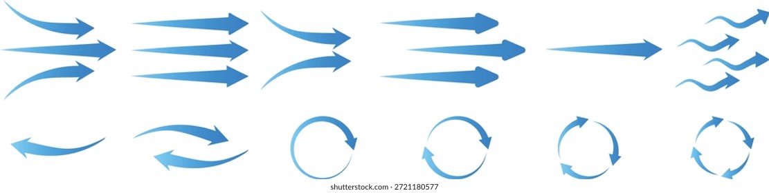 Air flow arrows set. airflow and ventilation, climate control, air direction circulation motion and strength signs. air direction signs. Air conditioning arrows.