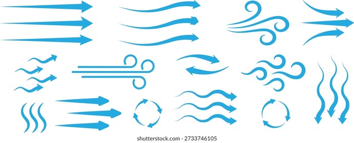 Air flow arrows set. airflow and ventilation, climate control, air direction circulation motion and strength signs. air direction signs. Air conditioning arrows.