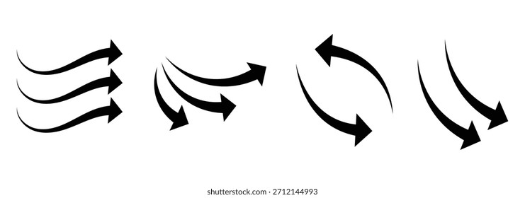 Air flow arrows set. Set of black arrow showing wind air flow. Vector set of air flow arrows. Black air flow arrows showing wind circulation and ventilation. 