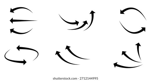 Conjunto de flechas de flujo de aire. Conjunto de flecha negra que muestra el flujo de aire del viento. Vector conjunto de flechas de flujo de aire. Flechas negras de flujo de aire que muestran la circulación del viento y la ventilación. 