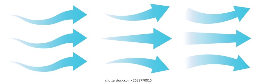Air flow arrows set. Set of blue arrow showing wind air flow. Vector set of Wind flow arrows. Blue air flow arrows showing wind circulation and ventilation. Set of blue arrows showing cold air.