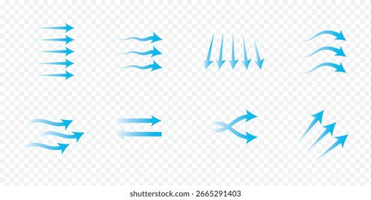 Air flow arrows set. Set of blue arrow showing wind air flow.  Blue air flow arrows showing wind circulation and ventilation.  Set of blue arrows showing direction of air movement. 