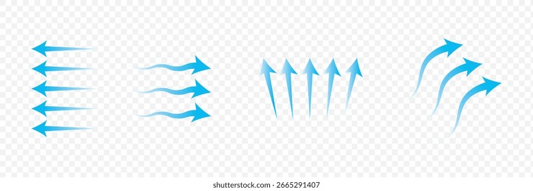 Conjunto de flechas de flujo de aire. Conjunto de flecha azul que muestra el flujo de aire del viento.  Flechas azules de flujo de aire que muestran la circulación del viento y la ventilación.  Conjunto de flechas azules que muestran la dirección del movimiento del aire. 