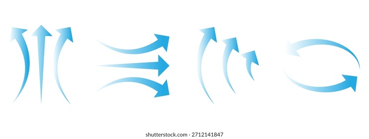 Conjunto de flechas de flujo de aire. Conjunto de flecha azul que muestra el flujo de viento. Vector conjunto de flechas de flujo de aire. Flechas azules de flujo de aire que muestran la circulación del viento y la ventilación. Conjunto de Vector de azul   Viento.
