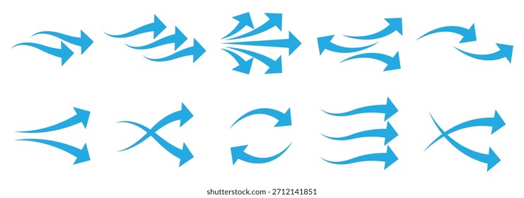 Conjunto de flechas de flujo de aire. Conjunto de flecha azul que muestra el flujo de viento. Vector conjunto de flechas de flujo de aire. Flechas azules de flujo de aire que muestran la circulación del viento y la ventilación. Conjunto de Vector de azul   Viento.