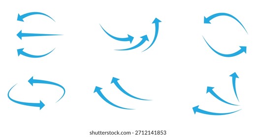 Air flow arrows set. Set of blue arrow showing wind flow. Vector set of air flow arrows. Blue air flow arrows showing wind circulation and ventilation. Vector Set of Blue   Wind.