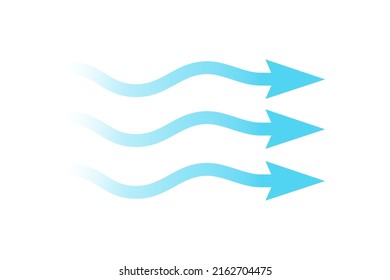 Air flow. Blue arrow showing direction of air movement. Wind direction arrow. Blue cold fresh stream from the conditioner. Vector illustration isolated on white background.