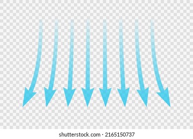 Air flow. Blue arrow showing direction of air movement. Wind direction arrow. Blue cold fresh stream from the conditioner. Vector illustration isolated on transparent background.