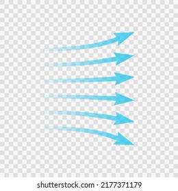 Air flow. Blue arrow showing direction of air movement. Wind direction arrow. Blue cold fresh stream from the conditioner. Vector illustration isolated on transparent background.