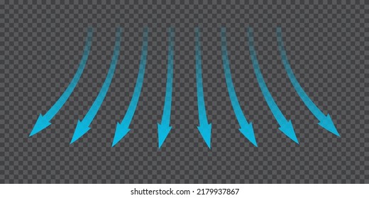 Air flow. Blue arrows showing direction of air movement. Wind direction arrows. Blue cold fresh stream from the conditioner. Vector illustration isolated on transparent background.