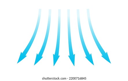 Air flow. Blue arrows showing direction of air movement. Wind direction arrows. Blue cold fresh stream from the conditioner. Vector illustration isolated on white background.