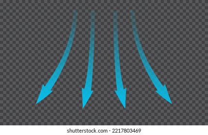 Air flow. Blue arrows showing direction of air movement. Wind direction arrows. Blue cold fresh stream from the conditioner. Vector illustration isolated on transparent background.