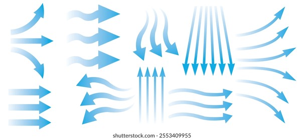 Air flow. Blue arrows showing direction of air movement. Wind direction arrows. Ventilation home fresh, hot or cold from fan or air conditioner wind direction.