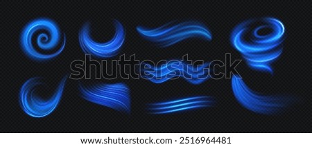 Air flow. Blue cold air flows from conditioner isolated on transparent background. Blue wind light effects, ice blow stream and vortex trail. Vector effects.