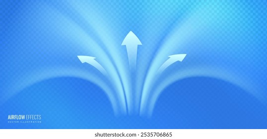 Air flow with directional arrows isolated on light grid background. Abstract light effect blowing from an air conditioner, purifier or humidifier