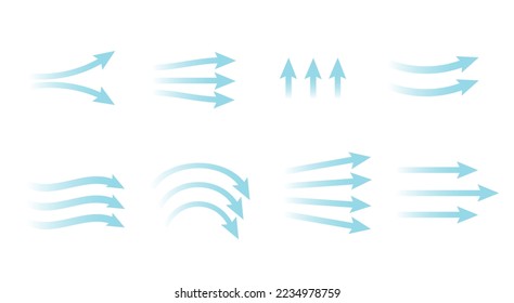 Air flow directions.
Blue Icons with arrows.Vector illustration.