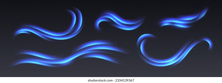 Air flow effect, aurora borealis or northern lights overlay, light trails with sparkles. Blue speed lines, cold wind in motion. Glowing twirls and swirls with stars. Abstract luminescent curves.