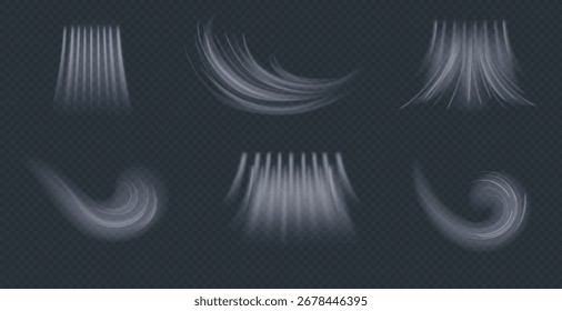 Air Flow Effect. White Wind Stream Waves Isolated on Dark Background. Fresh Breeze Waves From Conditioner Illustrations