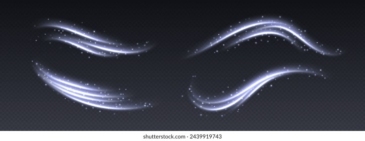 Air flow effect, winter freezing swirls, glowing light trails, cold wind with snow. Icy vapour overlay. Glowing twirls and swirls with stars. Abstract luminescent curves. Christmas vector decoration.