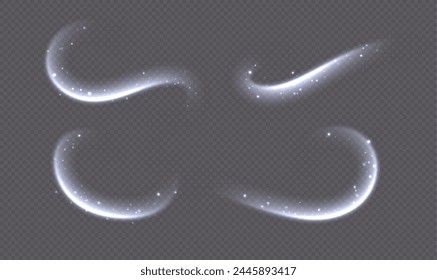 Air flow effect, winter freezing swirls, glowing light trails, cold wind with snow. Icy vapour overlay. Glowing twirls and swirls with stars. Abstract luminescent curves. Christmas vector decoration.