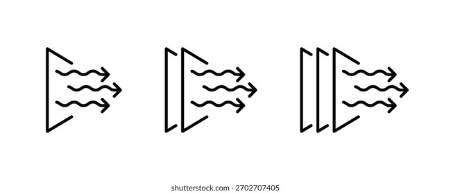 Icono de flujo de aire. Purificador de aire e icono de filtrado. Icono de flujo de dirección del viento. Conjunto de iconos de aire acondicionado