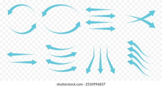 Air flow icon. Set of blue arrows showing direction of air movement. Wind direction arrows. Blue cold fresh stream from the conditioner. Vector illustration isolated on white background. EPS 10.