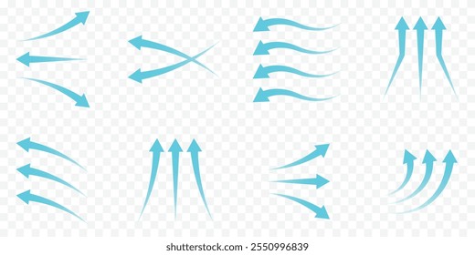 Ícone de fluxo de ar. Conjunto de setas azuis mostrando a direção do movimento do ar. Setas de direção do vento. Corrente fresca frio azul do condicionador. Ilustração vetorial isolada sobre fundo branco. EPS 10.