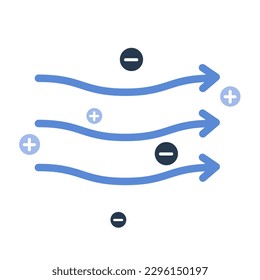 Air flow icon. Air streams of air with charged particles. Ions. Positive and negative ions. ThFlatin style design isolated on white background
