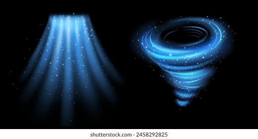 Air flow on a dark background. Cold air effect, fresh ozone wind flow. winter swirl and wave. Blue purified vortex breeze Vector illustration