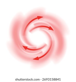 Flujo de aire. Flechas rojas que muestran la dirección del viento del movimiento del aire de remolino. Corriente caliente alrededor de las flechas de circulación en movimiento. Flujo dinámico de círculos borrosos. Ilustración vectorial aislada sobre fondo blanco