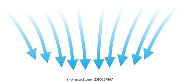 Air flow. Set of blue arrow showing air or wind flow. Wind direction arrows. Blue cold fresh stream from the conditioner. Vector illustration isolated on white background.eps10