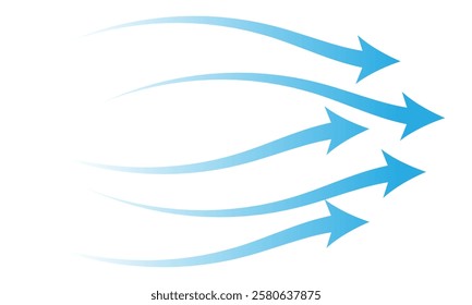 Air flow. Set of blue arrow showing air or wind flow. Wind direction arrows. Blue cold fresh stream from the conditioner. Vector illustration isolated on white background.eps10