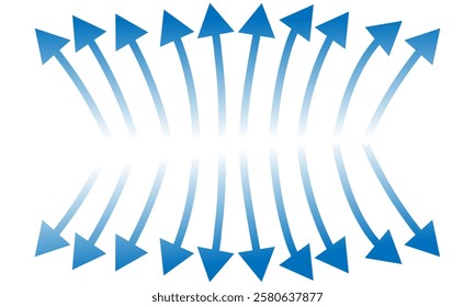 Air flow. Set of blue arrow showing air or wind flow. Wind direction arrows. Blue cold fresh stream from the conditioner. Vector illustration isolated on white background.eps10