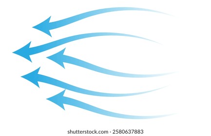 Air flow. Set of blue arrow showing air or wind flow. Wind direction arrows. Blue cold fresh stream from the conditioner. Vector illustration isolated on white background.eps10