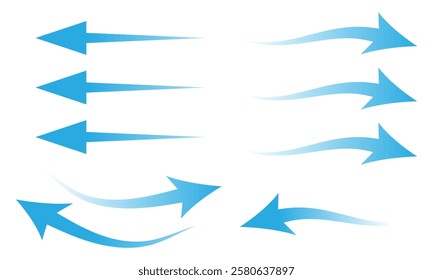 Air flow. Set of blue arrow showing air or wind flow. Wind direction arrows. Blue cold fresh stream from the conditioner. Vector illustration isolated on white background.eps10