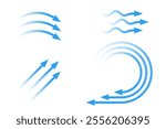 Air flow. Set of blue arrows showing direction of air movement. Wind direction arrows. Blue cold fresh stream from the conditioner.