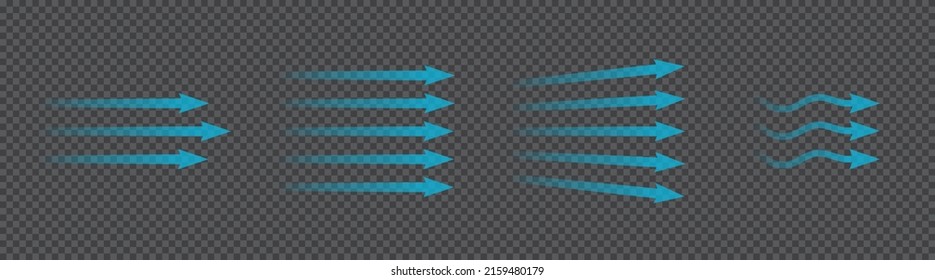 Flujo de aire. Conjunto de flechas azules que muestran la dirección del movimiento del aire. Flechas de dirección del viento. Corriente fresca de frío azul procedente del acondicionador. Ilustración vectorial aislada en fondo transparente.